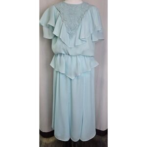 Vtg Liz‎ Petites Chiffon 2 Piece Dress Set Sz M Aqua Ruffles Flowy Lace Coquette